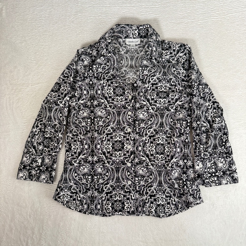 Coldwater Creek Black & White Mandala Paisley Print 3/4 Sleeve Button-Up Blouse